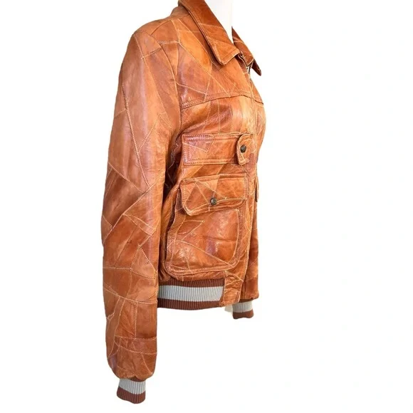 Vintage Casablanca Patchwork Zig Zag Stitch Leather Bomber Jacket